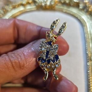 Gold-tone and Blue Rhinestone Rabbit Brooch NWT Modern